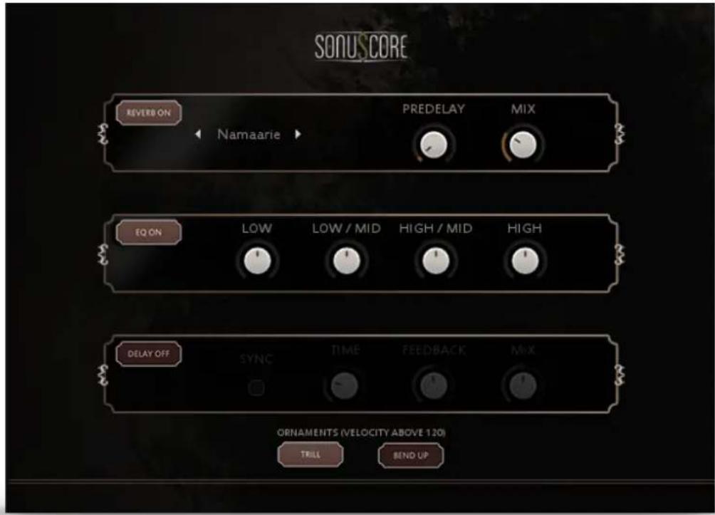 SONUS CORE REVERB ON Namaarie PREDELAY MIX EQ ON LOW LOW / MID HIGH / MID HIGH DELAY OFF SYNC TIME FEEDBACK MIX ORNAMENTS (VELOCITY ABOVE 120) TRILL BEND UP