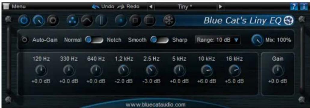 Menu Undo Redo Tiny * Blue Cat's Liny EQ Auto-Gain Normal Notch Smooth Sharp Range: 10 dB Mix: 100% 120 Hz 330 Hz 640 Hz 1.2 kHz 2.5 Hz 5 kHz 10 kHz 16 kHz +0.0 dB +0.0 dB +0.0 dB -2.0 dB -3.0 dB +0.0 dB +6.0 dB +5.0 dB Gain +0.0 dB www.bluecataudio.com