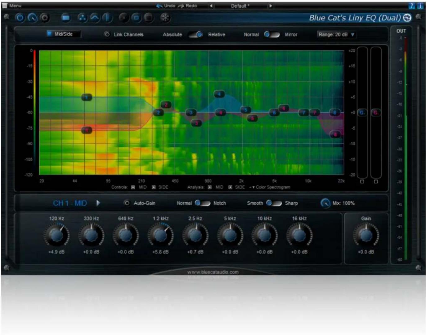 Blue Cat's Liny EQ (Dual) Mid/Side Link Channels Absolute Relative Normal Mirror Range: 20 dB OUT -15 -30 +10 -15 -20 -45 -60 -75 -90 -120 +20 +15 -9 -12 -15 -20 -45 -60 -75 -90 -120 +20 +15 -9 -12 -15 -20 -45 -60 -75 -90 -120 +20 +15 -9 -12 -15 -20 -40 -60 -75 -90 -120 +20 +15 -9 -12 -15 -20 -45 -6…