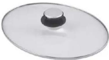 Close-up of a circular glass lid with a black central knob, no text or symbols visible.