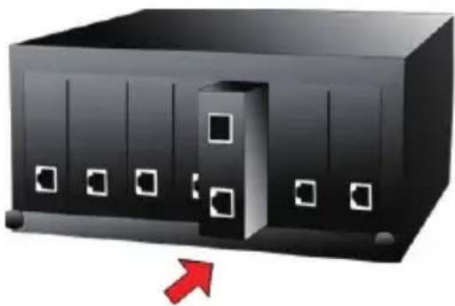 3D illustration of a black server rack with white square windows and a red arrow pointing to the front panel (no text or symbols)