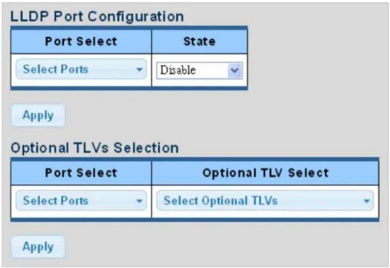 LLDP Port Configuration Port Select State Select Ports Disable Apply Optional TLVs Selection Port Select Optional TLV Select Select Ports Select Optional TLVs Apply