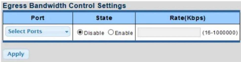 Egress Bandwidth Control Settings Port State Rate(Kbps) Select Ports ● Disable ○ Enable (16-1000000) Apply