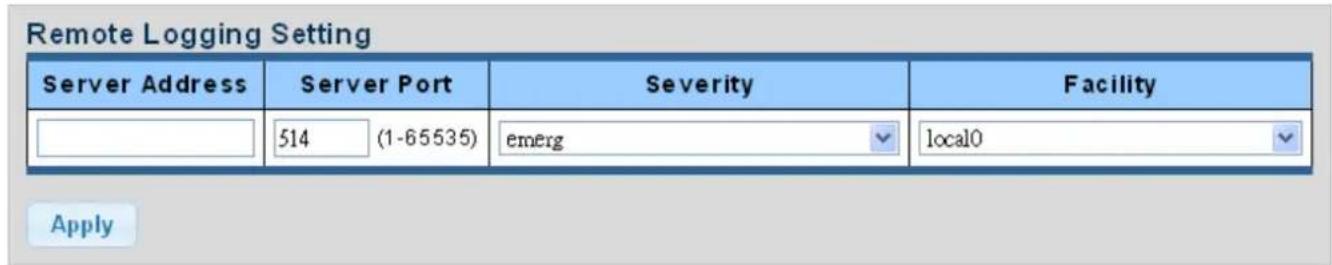 Remote Logging Setting Server Address Server Port Severity Facility 514 (1-65535) emerg local0 Apply