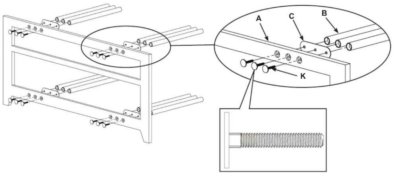 Technical diagram showing mechanical assembly with labeled components A, B, C, and K, including a detailed inset of a spring-loaded component.