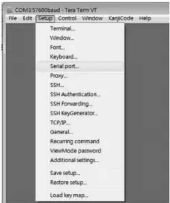 COM3.57600baud - Tera Term VT File Edit Setup Control Window KanjiCode Help Terminal... Window... Font... Keyboard... Serial port... Proxy... SSH... SSH Authentication... SSH Forwarding... SSH KeyGenerator... TCP/IP_ General... Recurring command ViewMode password Additional settings... Save setup... Restore setup... Load key map...