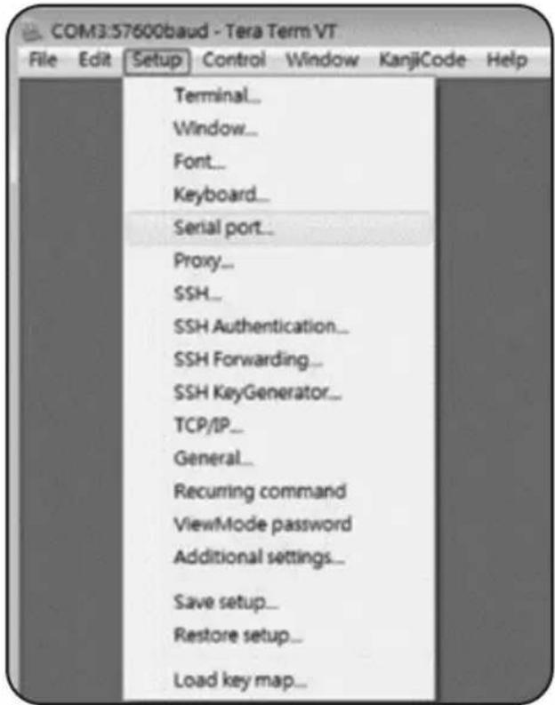 COM3:57600baud - Tera Term VT File Edit Setup Control Window KanjiCode Help Terminal... Window... Font... Keyboard... Serial port... Proxy... SSH... SSH Authentication... SSH Forwarding... SSH KeyGenerator... TCP/IP... General... Recurring command ViewMode password Additional settings... Save setup... Restore setup... Load key map...