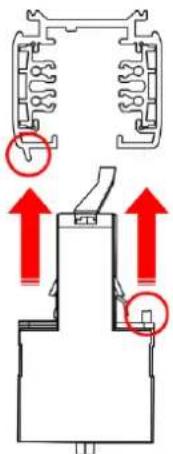 Technical diagram showing mechanical assembly with red arrows indicating upward motion or force directions