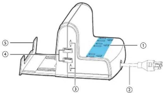 Technical diagram of a device with labeled components and connections, including a blue component inside the chamber.