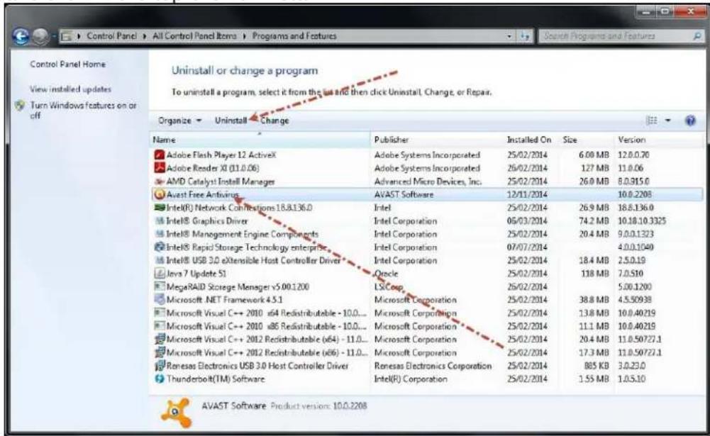 Control Panel Home View installed updates Turn Windows Features on or off Uninstall or change a program To uninstall a program, select it from the set and then click Uninstall Change, or Repair. Organize Uninstall Change Name Publisher Installed On Size Version Adobe Flash Player 12 ActiveX Adobe Systems Incorporated 25/02/2014 6.00 MB 12.0.0.70 Adobe Reader XI (11.0.06) Adobe Systems Incorporated 26/02/2014 127 MB 11.0.06 AMD Catalyst Install Manager Advanced Micro Devices, Inc. 25/02/2014 26.0 MB 8.0.915.0 Avast Free Antivirus AVAST Software 12/11/2014 10.0.2208 Intel(R) Network Constructions 18.8.136.0 Intel 25/02/2014 26.9 MB 18.8.136.0 IntelR Graphics Driver Intel Corporation 06/03/2014 74.2 MB 10.18.10.3325 IntelR Management Engine Components Intel Corporation 25/02/2014 20.4 MB 9.0.0.1323 IntelR Rapid Storage Technology enterprise Intel Corporation 07/07/2014 4.0.0.1049 IntelR USB 3.0 Extensible Host Controller Driver Intel Corporation 25/02/2014 18.4 MB 2.5.0.19 Java 7 Update S1 Oracle 25/02/2014 118 MB 7.0.510 MegaRAID Storage Manager v5.00.1200 LSICorp 26/02/2014 5.00.1200 Microsoft .NET Framework 4.5.1 Microsoft Corporation 25/02/2014 38.8 MB 4.5.50938 Microsoft Visual C++ 2010 x64 Redistributable - 10.0... Microsoft Corporation 25/02/2014 138 MB 10.0.40219 Microsoft Visual C++ 2010 x86 Redistributable - 10.0... Microsoft Corporation 25/02/2014 11.1 MB 10.0.40219 Microsoft Visual C++ 2012 Redistributable (x64) - 11.0... Microsoft Corporation 25/02/2014 20.4 MB 11.0.50727.1 Microsoft Visual C++ 2012 Redistributable (x66) - 11.0... Microsoft Corporation 25/02/2014 17.3 MB 11.0.50727.1 Renesas Electronics USB 3.0 Host Controller Driver Renesas Electronics Corporation 25/02/2014 885 KB 3.0.23.0 Thunderbolt(TM) Software Intel(R) Corporation 25/02/2014 1.55 MB 1.0.5.10 AVAST Software Product version: 10.0.3208