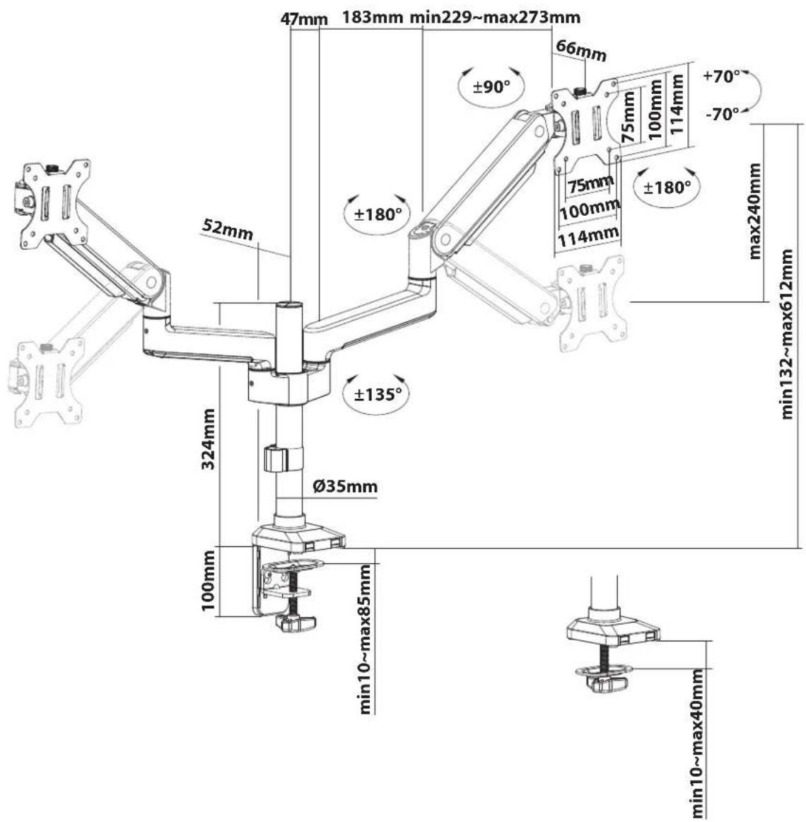 Rocstor ErgoReach EP9 - Dimensions (mm) - 1