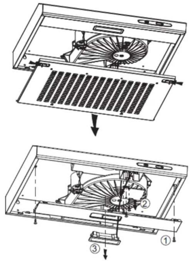 Technical diagram showing assembly steps of a fan or fan blade system with labeled components and directional arrows.