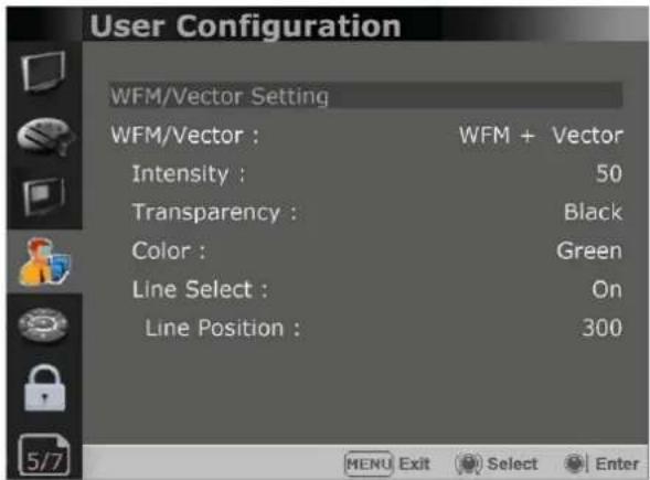 User Configuration WFM/Vector Setting WFM/Vector : WFM + Vector Intensity : 50 Transparency : Black Color : Green Line Select : On Line Position : 300 MENU Exit Select Enter