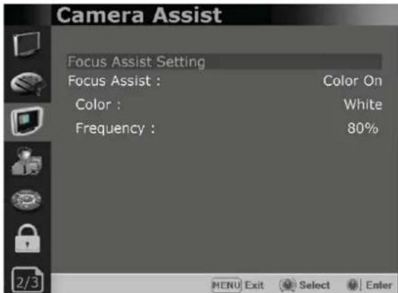 Camera Assist Focus Assist Setting Focus Assist : Color On Color : White Frequency : 80% MENU Exit Select Enter