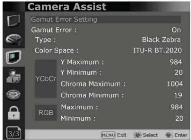 Camera Assist Gamut Error Setting Gamut Error : On Type : Black Zebra Color Space : ITU-R BT.2020 Y Maximum : 984 Y Minimum : 20 Chroma Maximum : 1004 Chroma Minimum : 19 RGB Maximum : 984 Minimum : 20 MENU Exit Select Enter