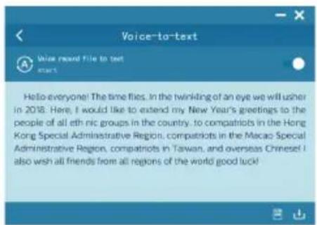 Voice-to-text Voice record file to text start Hello everyone! The time flies. In the twinkling of an eye we will usher in 2018. Here, I would like to extend my New Year's greetings to the people of all eth nic groups in the country. to compatriots in the Hong Kong Special Administrative Region, comp…