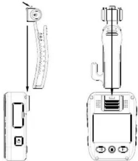 Technical line drawing of a handheld device with two views: one showing a vertical arm and the other showing a digital display (no text or symbols present)