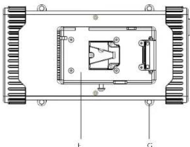 Technical diagram of a device rear panel with labeled components F and G