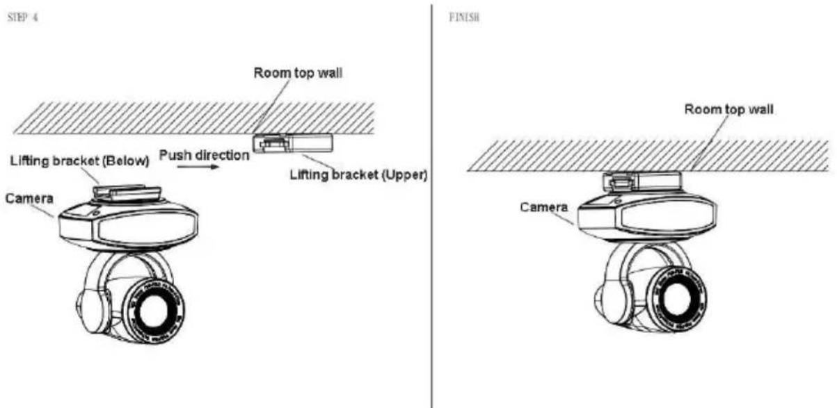 STEP 4 Room top wall Lifting bracket (Below) Push direction Lifting bracket (Upper) Camera FINISH Room top wall Camera