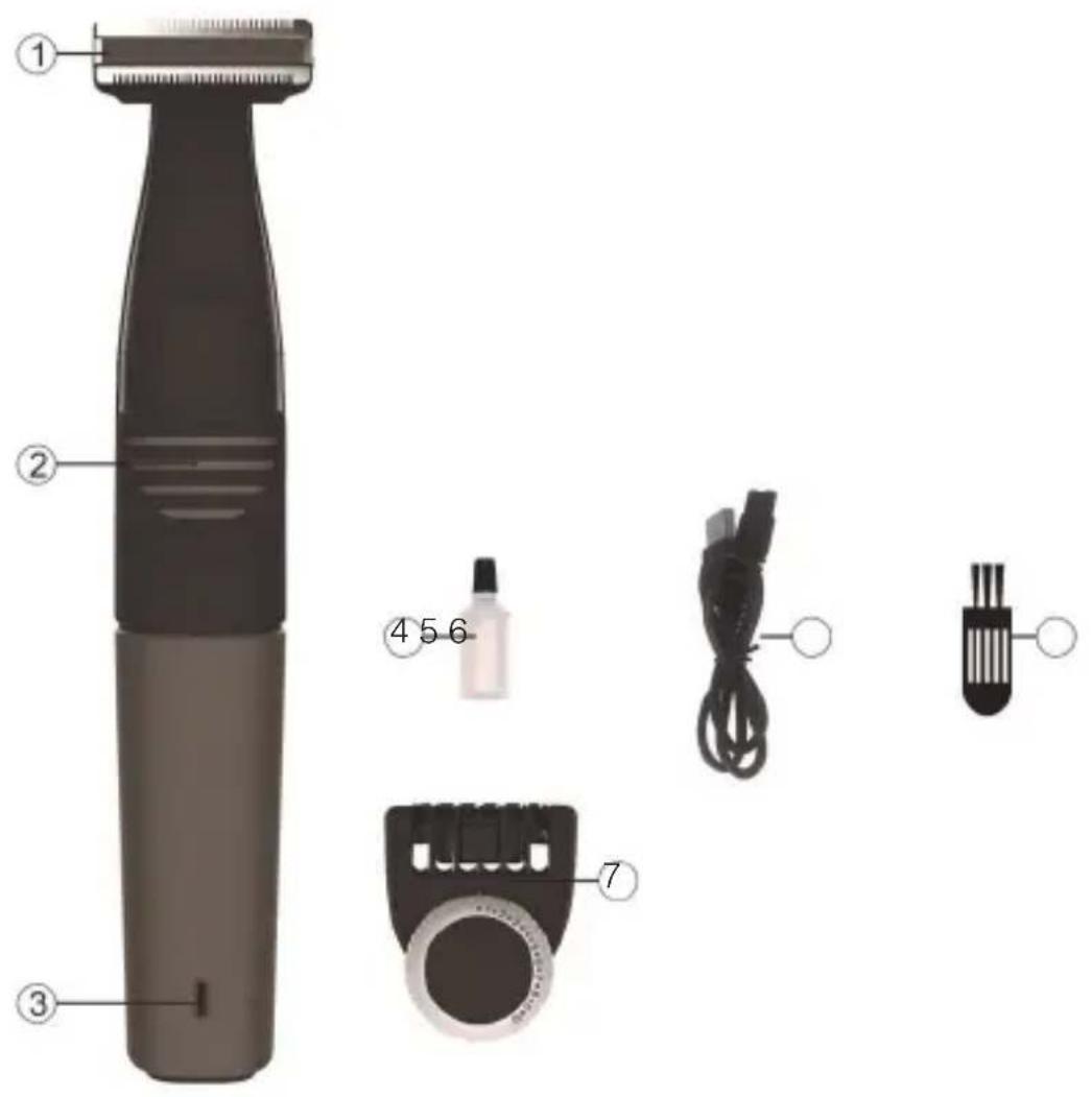 Diagram of a hairbrush with labeled parts including brush tip, connector, cable, and clip accessories