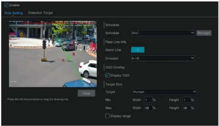 Enable Rule Setting Detection Target Schedule Schedule 24x7 Manage Pass Line Info Alarm Line 1 Direction A->B OSD Overlay Display OSD Target Size Target Human Min Width 1 % Height 1 % Max Width 98 % Height 98 % Display range Press the left mouse button to drag the drawing line