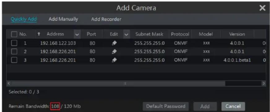Add Camera Quickly Add Add Manually Add Recorder No. Address Port Edit Subnet Mask Protocol Model Version 1 192.168.122.103 80 255.255.255.0 ONVIF xxx 4.0.0.1 0 2 192.168.226.201 80 255.255.255.0 ONVIF xxx 4.0.0.1 0 3 192.168.226.201 80 255.255.255.0 ONVIF xxx 4.0.0.1.beta1 0 Selected: 0 / 3 Remain Bandwidth: 108 / 120 Mb Default Password Add Cancel
