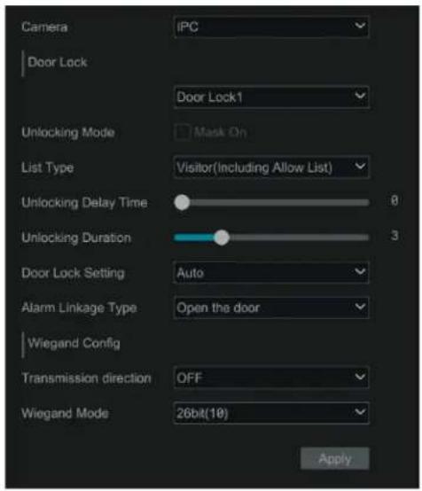 Camera iPC Door Lock Door Lock1 Unlocking Mode Mask On List Type Visitor(Including Allow List) Unlocking Delay Time 0 Unlocking Duration 3 Door Lock Setting Auto Alarm Linkage Type Open the door Wiegand Config Transmission direction OFF Wiegand Mode 26bit(10) Apply