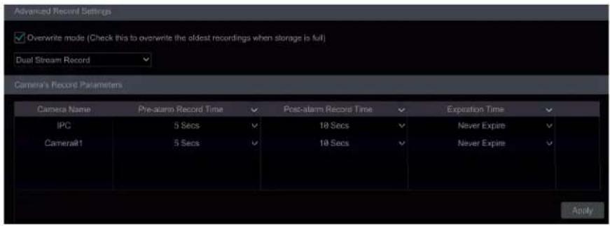 Advanced Record Settings ✓ Overwrite mode (Check this to overwrite the oldest recordings when storage is full) Dual Stream Record Camera's Record Parameters Camera Name Pre-alarm Record Time Post-alarm Record Time Expiration Time IPC 5 Secs 18 Secs Never Expire Cameral1 5 Secs 18 Secs Never Expire Apply