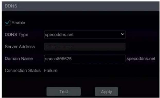 DDNS Enable DDNS Type specoddns.net Server Address Domain Name spec006625 specoddns.net Connection Status Failure Test Apply