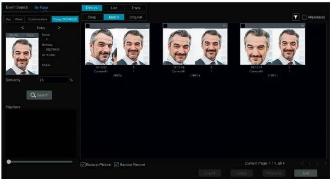 Event Search By Face Picture List Track Snap Match Original Day Week Customization Today 2022/06/24 Today Modify Clear Name: 5 Birthday: 2022/06/28 ID Number: Mouse Similarity 75 % Search Playback Backup Picture Backup Record Current Page: 1 / 1, all 4 Export Delete Playback Exit All(default)