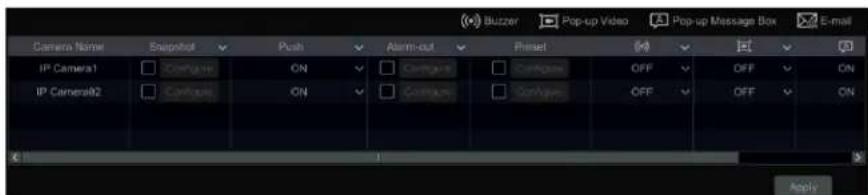 Camera Name Snapshot Push Alarm-out Preset OFF OFF ON IP Camera1 Connect ON Connect ON OFF OFF ON IP Camera02 Connect ON Connect ON OFF OFF ON Apply