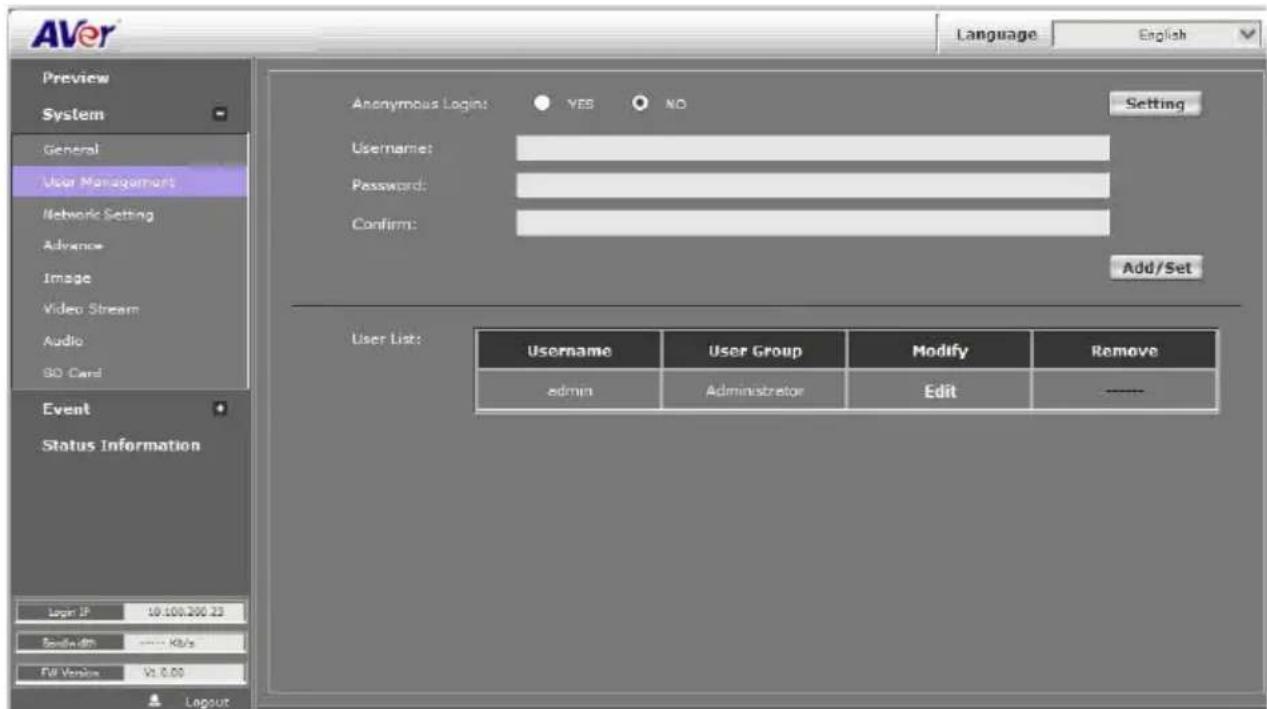 AVer Language English Preview System General User Management Network Setting Advance Image Video Stream Audio BO Card Event Status Information Login IP 19.100.200.23 Send-in: **** Kbs Fill Version V1.0.00 Layout Anonymous Login: YES NO Setting Username: Password: Confirm: Add/Set User List: Username User Group Modify Remove admin Administrator Edit ----