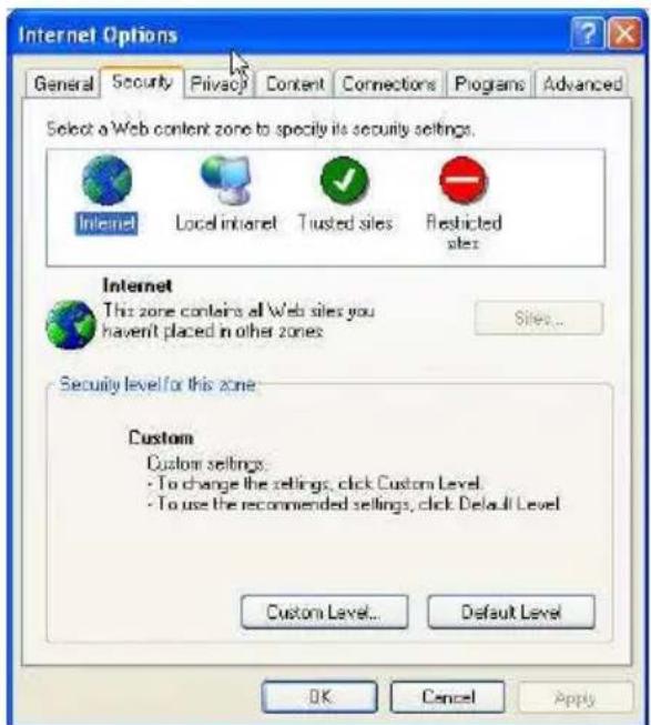 Internet Options General Security Privacy Content Connections Programs Advanced Select a Web content zone to specify its security settings. Internet Local internet Trusted sites Restricted sites Internet This zone contains all Web sites you haven't placed in other zones Sites... Security level for this zone Custom Custom settings: - To change the settings, click Custom Level - To use the recommended settings, click Default Level Custom Level... Default Level OK Cancel Apply