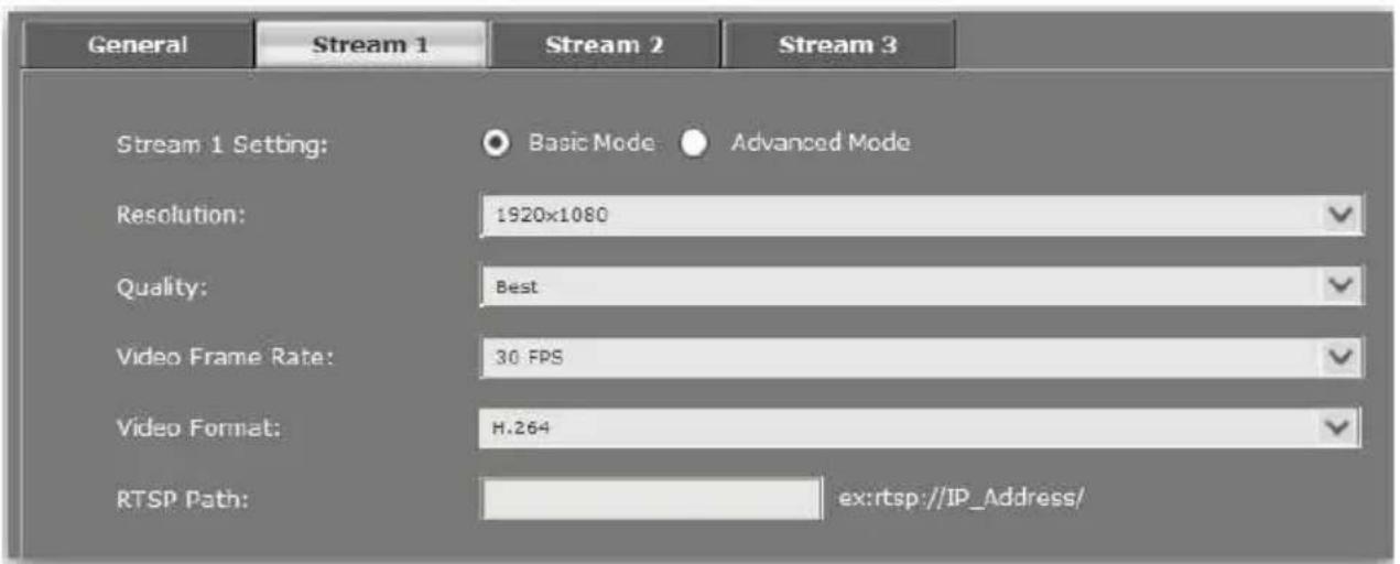 General Stream 1 Stream 2 Stream 3 Stream 1 Setting: Basic Mode Advanced Mode Resolution: 1920x1080 Quality: Best Video Frame Rate: 30 FPS Video Format: H.264 RTSP Path: ex:rtsp://IP_Address/