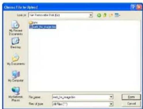 Choose File to Upload Look in: New Removable Disk (R) type: web1.0 image bin My Documents Desktop My Documents My Computer My Network Places File type: web1.0 image bin File of type: All Files (*.*) Open Cancel