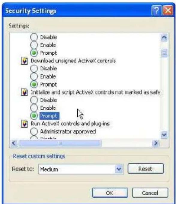Security Settings Settings: Disable Enable Prompt Download unsigned ActiveX controls Disable Enable Prompt Initialize and script ActiveX controls not marked as safe Disable Enable Prompt Run ActiveX controls and plug-ins Administrator approved Reset custom settings Reset to: Medium Reset OK Cancel
