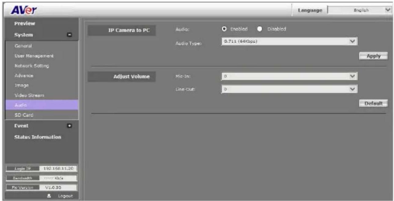AVer Language English Preview System General User Management Network Setting Advance Image Video Stream Audio SD Card Event Status Information Login IP: 192.168.11.20 Bandwidth : 7500 Kb/s Play Version V1.0.30 Logout IP Camera to PC Audio: Enabled Disabled Audio Type: G.711 (64Kbps) Apply Adjust Volume Mic-In: 0 Line-Out: 0 Default