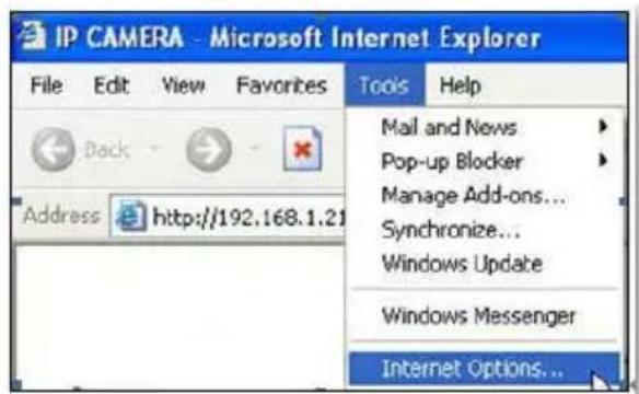 IP CAMERA - Microsoft Internet Explorer File Edit View Favorites Tools Help Back Address http://192.168.1.21 Mail and News Pop-up Blocker Manage Add-ons... Synchronize... Windows Update Windows Messenger Internet Options...