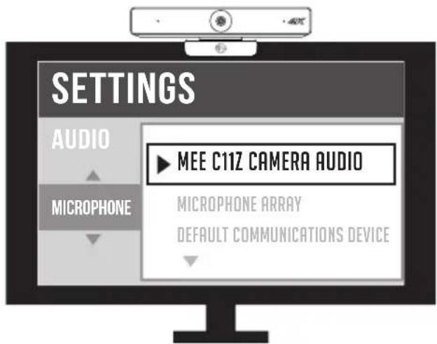 SETTINGS AUDIO MUCROPHONE ► MEE C11Z CAMERA AUDIO MICROPHONE ARRAY DEFAULT COMMUNICATIONS DEVICE