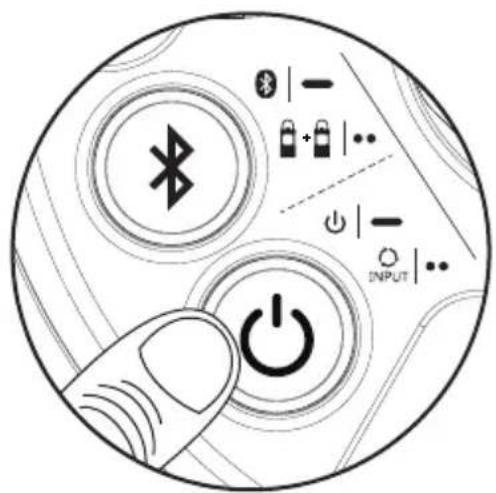 Diagram of a device control panel showing Bluetooth, battery, and power button with indicator lights and a finger pointing to the power button.
