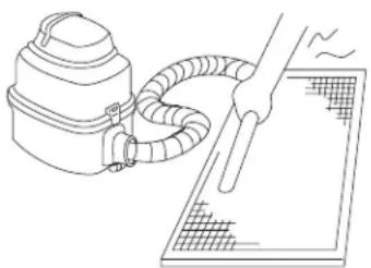 Line drawing of a hand using a vacuum cleaner to clean or operate on a grid-patterned surface (no text or symbols)