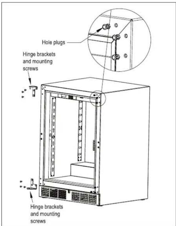 Hole plugs Hinge brackets and mounting screws Hinge brackets and mounting screws