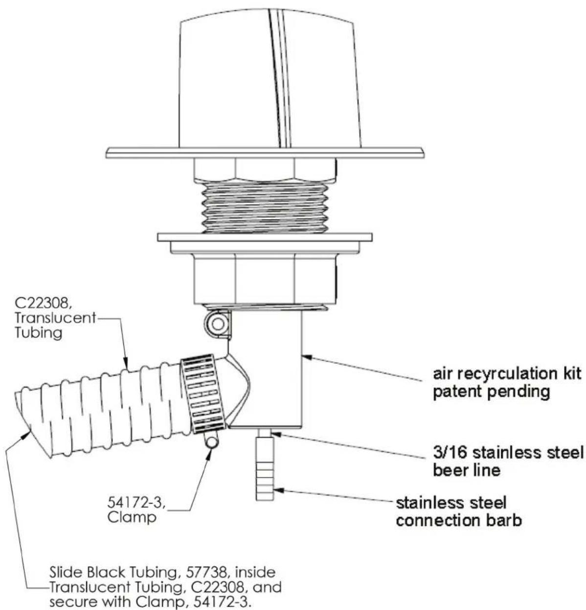 C22308, Translucent Tubing 54172-3, Clamp Slide Black Tubing, 57738, inside Translucent Tubing, C22308, and secure with Clamp, 54172-3. air recyrcculation kit patent pending 3/16 stainless steel beer line stainless steel connection barb