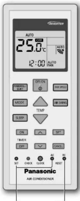 INVERTER AUTO 25.0°C 12:00 AUTO FAN POWERFUL/ QUIT OFF/ON ① RAW SPEED MODE TEMP AIR SWING SLEEP ON SET TIMER OFF CANCEL SET CHECK CLOCK AC RC RESET Panasonic AIR CONDITIONER