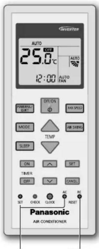 INVERTER AUTO 25.0°C 12:00 AUTO FAN POWER/OUT OFF/ON ① RAW SPEED MODE TEMP AIR SWING SLEEP ON SET TIMER OFF CANCEL SET CHECK CLOCK AC RC RESET Panasonic AIR CONDITIONER