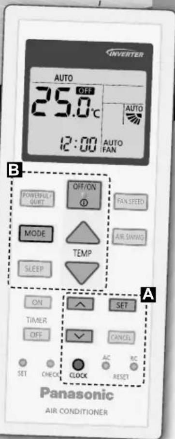 INVERTER AUTO 25.0°C 12:00 AUTO FAN B POWERFUL/ QUIT OFF/ON ① FAN SPEED MODE TEMP SLEEP AIR SWING ON SET TIMER OFF CANCEL SET CHECK CLOCK RESET AC RC RESET Panasonic AIR CONDITIONER
