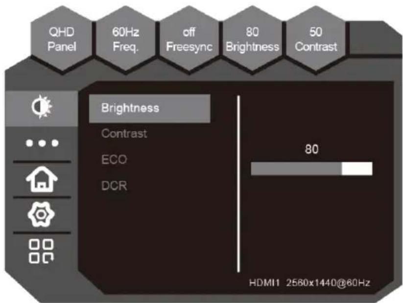 QHD Panel 60Hz Freq. off Freesync 80 Brightness 50 Contrast Brightness Contrast ECO DCR 80 HDMI1 2560x1440@60Hz