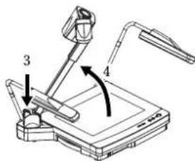 Diagram of a desktop computer with labeled parts 3 and 4, showing mechanical components and directional arrows.