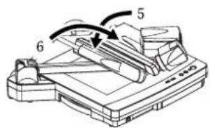 Technical diagram of a mechanical device with numbered components and directional arrows indicating motion or assembly.