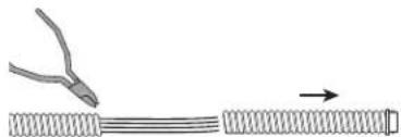 Diagram showing a pliers applying material to coiled spring-like fibers, with an arrow indicating direction (no text or symbols)